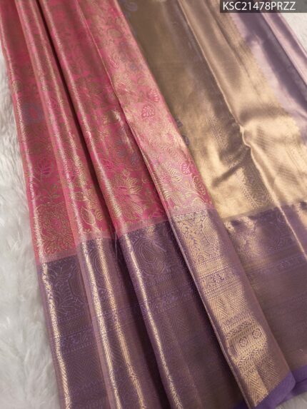 Pink and Gold Tissue Saree with Floral Motifs and Rich Zari Border