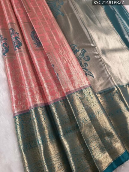 Peach and Gold Tissue Saree with Paisley Motifs and Rich Zari Border
