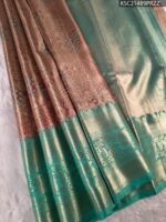 Peach and Aqua Coloured Tissue Saree with Intricate Brocade and Zari Woven Border