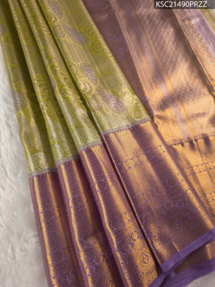 Olive and Lavender Tissue Saree with Intricate Paisley Motifs and Regal Zari Pallu