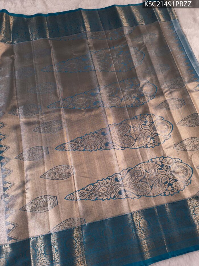 Silver and Teal Tissue Saree with Floral Motifs and Rich Zari Border - Image 3