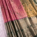 Pink and Green Tissue Saree with Floral Motifs and Rich Zari Border