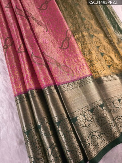 Pink and Green Tissue Saree with Floral Motifs and Rich Zari Border