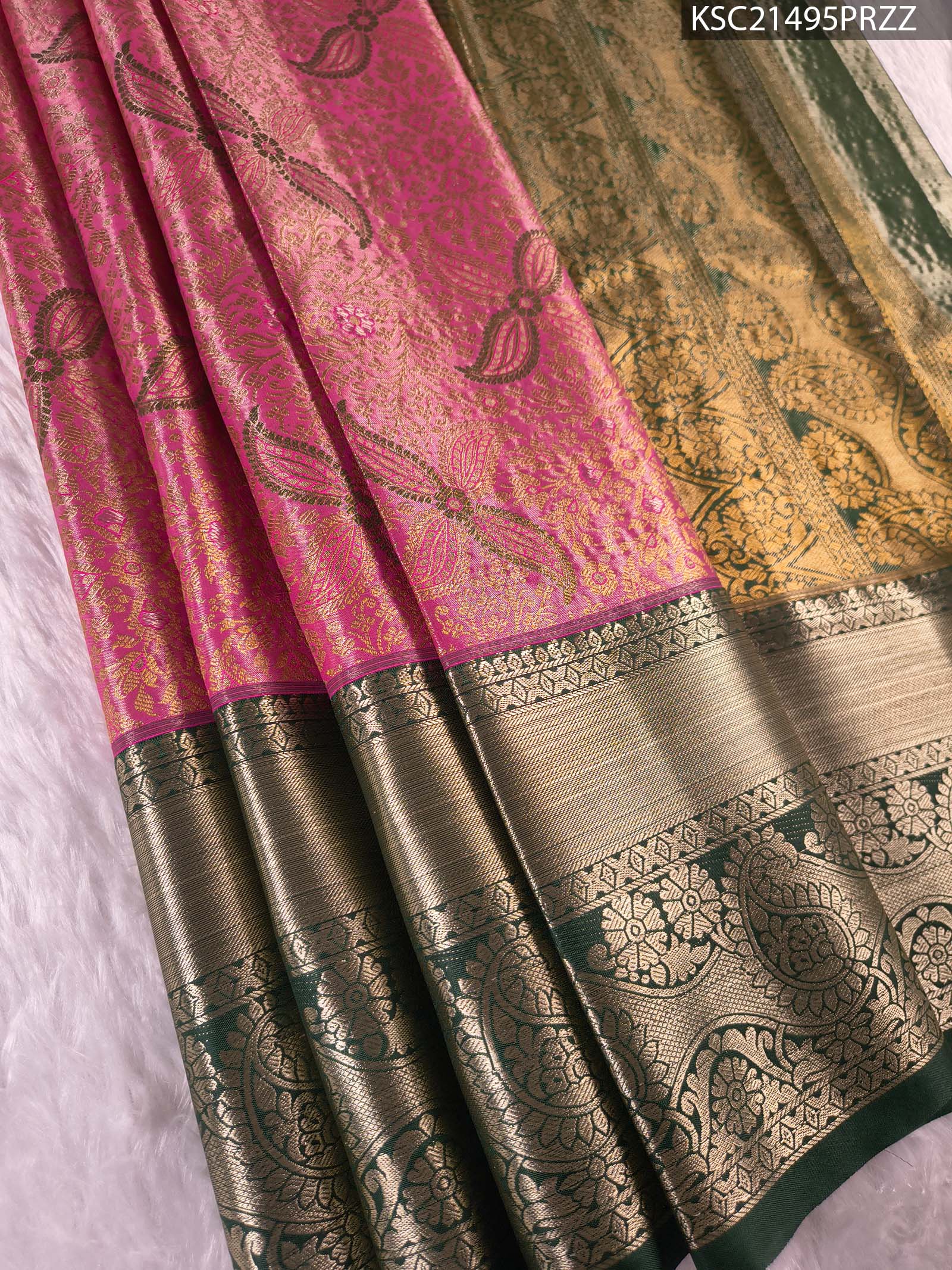 KSC21495_MAIN #PRZZ Pink and Green Tissue Saree with Floral Motifs and Rich Zari Border - Image 1