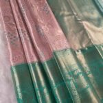 Pink and Green Coloured Tissue Silk Saree with Floral Motifs and Rich Zari Border