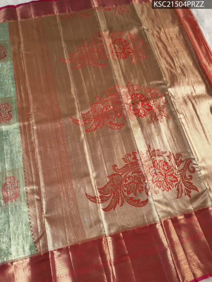 Sage Green and Gold Tissue Saree with Floral Motifs and Rich Zari Border - Image 3