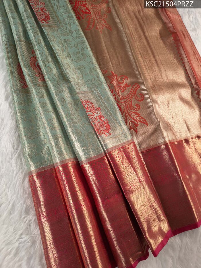 Sage Green and Gold Tissue Saree with Floral Motifs and Rich Zari Border - Image 1