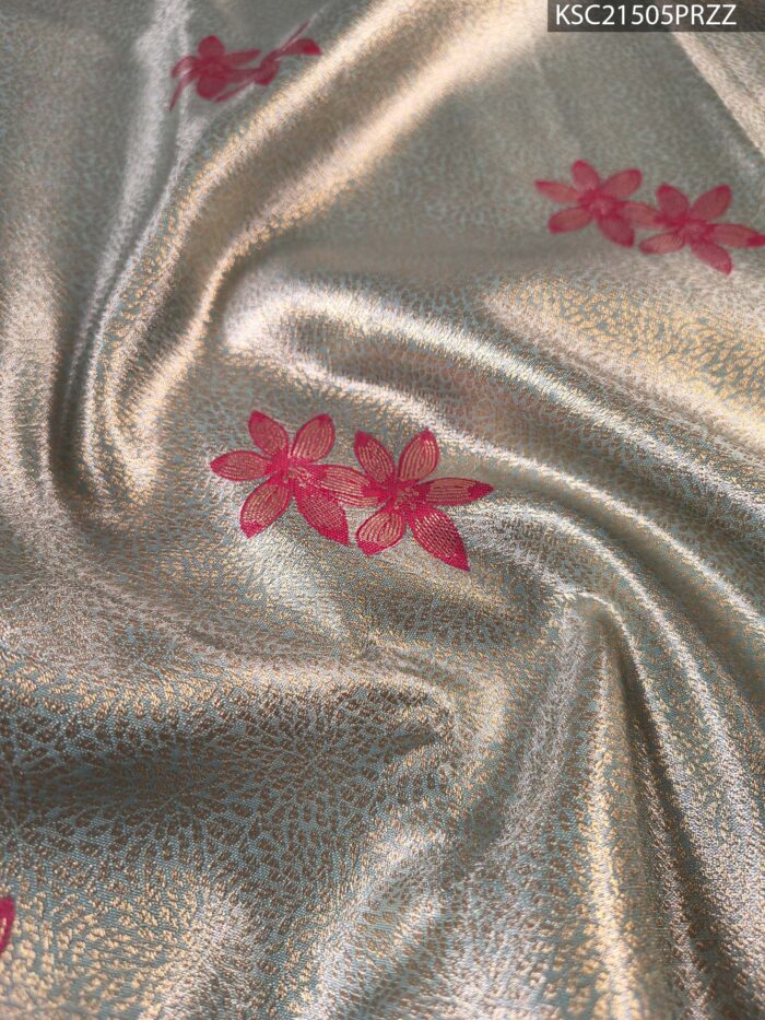 Pastel Green Tissue Saree with Floral Motifs and Rich Zari Woven Border - Image 2