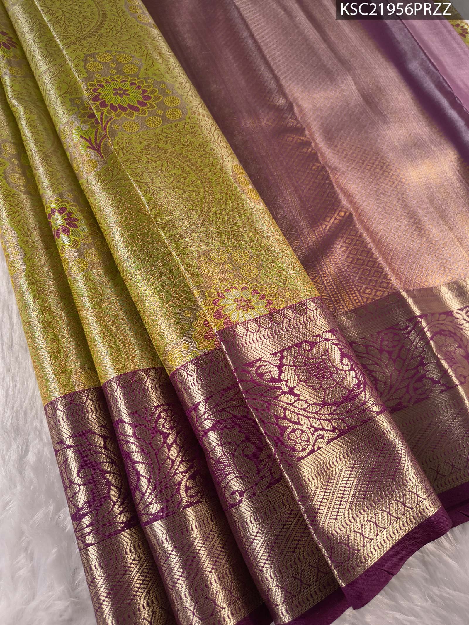 KSC21956_MAIN #PRZZ Olive Green Coloured Tissue Saree with Rich Zari Floral Motifs and Contrast Purple Border - Image 1