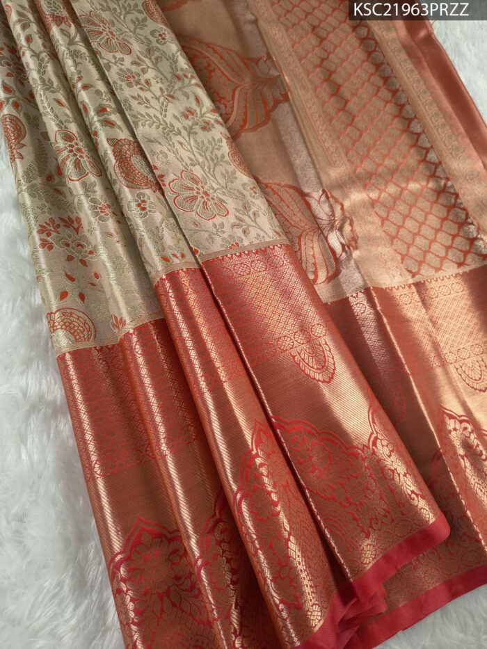 Beige and Rust Coloured Tissue Saree with Floral Brocade and Rich Zari Pallu - Image 1