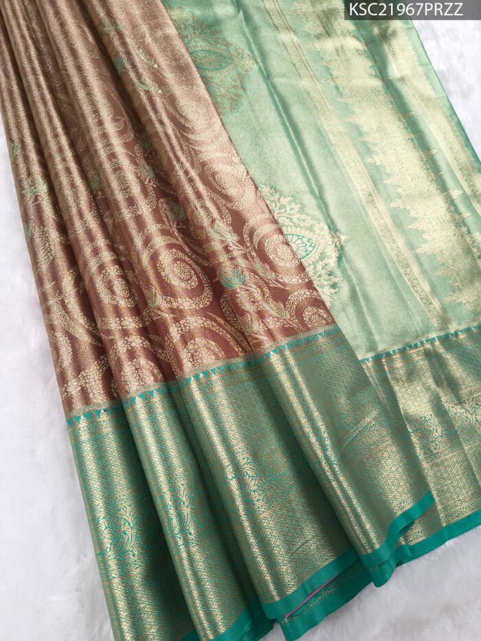 KSC21967_MAIN #PRZZ Green and Brown Tissue Saree with Paisley Motifs and Rich Zari Border - Image 1