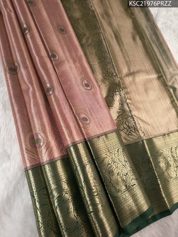 KSC21976_MAIN #PRZZ Pink Coloured Tissue Silk Saree with Peacock Motifs and Rich Zari Border - Image 1
