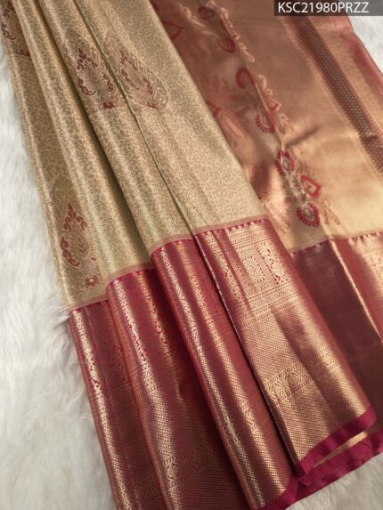 Beige Coloured Tissue Silk Saree with Rich Paisley Motifs and Zari Woven Border