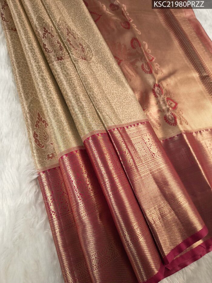 KSC21980_MAIN #PRZZ Beige Coloured Tissue Silk Saree with Rich Paisley Motifs and Zari Woven Border - Image 1