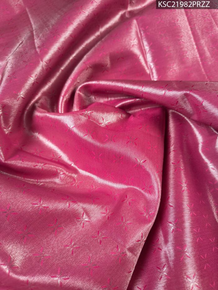 Green and Pink Tissue Saree with Floral Motifs and Rich Zari Border - Image 4