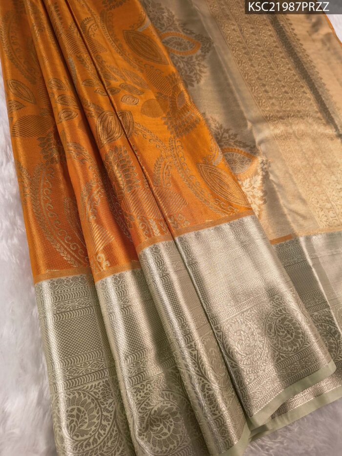 KSC21987_MAIN #PRZZ Orange Coloured Tissue Silk Saree with Paisley Motifs and Zari Woven Border - Image 1