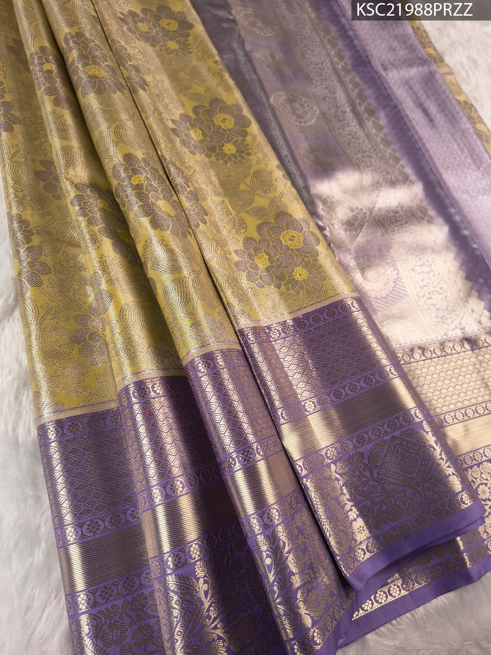 KSC21988_MAIN #PRZZ Lavender and Gold Tissue Saree with Floral Motifs and Zari Woven Border - Image 1
