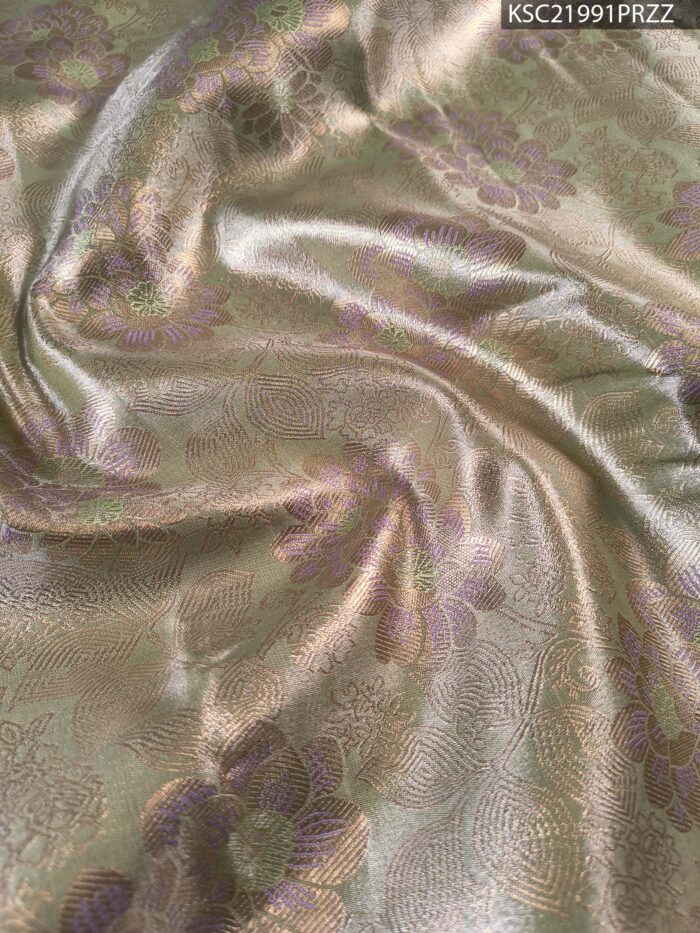 Green and Lavender Tissue Saree with Floral Motifs and Rich Zari Border - Image 2