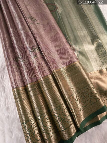 Lavender and Green Tissue Saree with Rich Zari Pallu and Floral Border