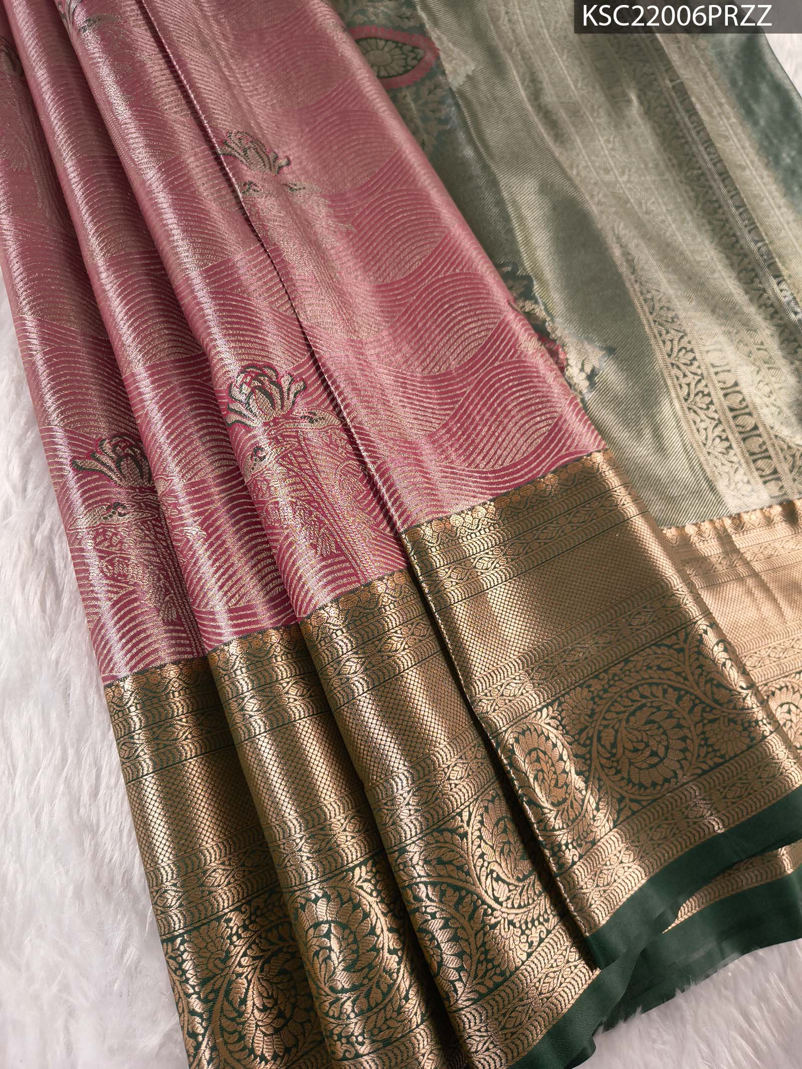 KSC22006_MAIN #PRZZ Pink and Green Coloured Tissue Silk Saree with Rich Floral Brocade Weaves and Zari Woven Border - Image 1