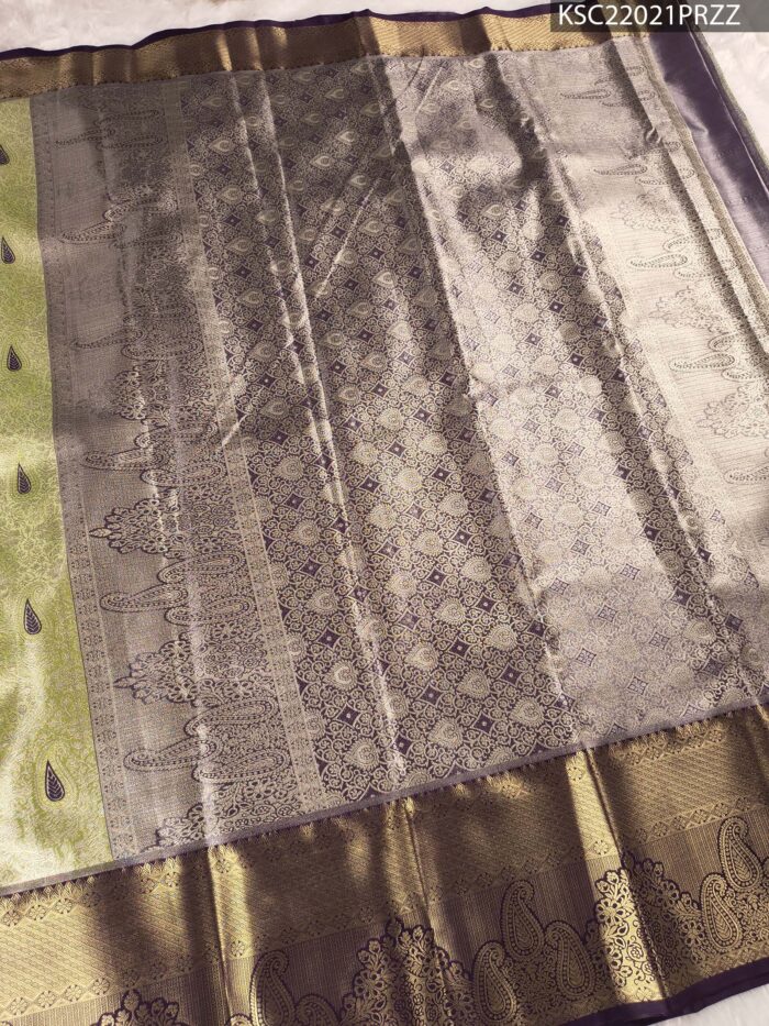 Green and Silver Tissue Saree with Paisley Motifs and Rich Zari Border - Image 3