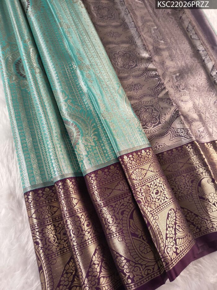 Teal Coloured Tissue Silk Saree with Floral Brocade and Rich Zari Border - Image 1