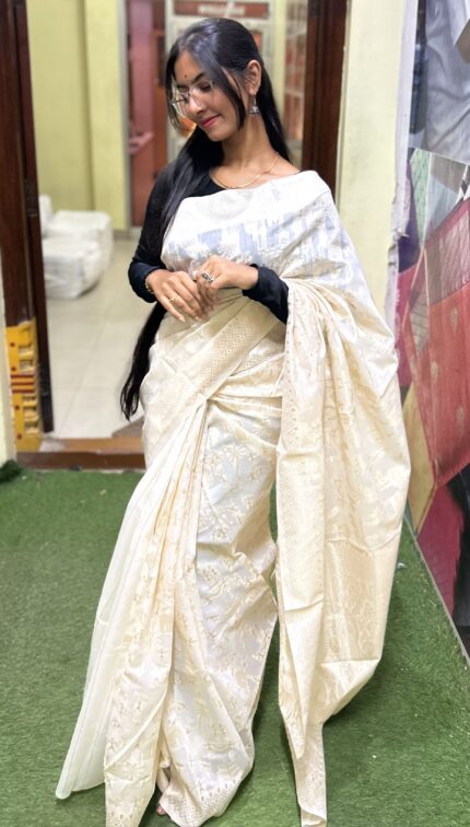 Ivory Cream Cotton Saree with Golden Zari Border