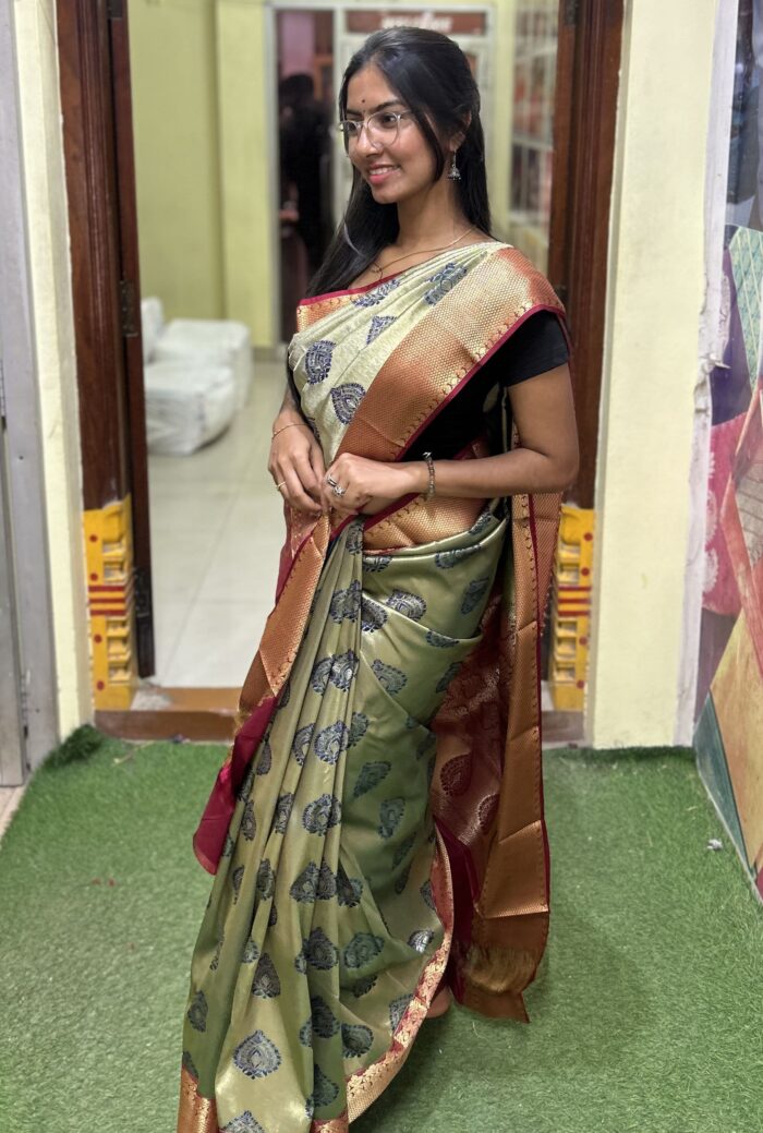 Olive Green Tissue Silk Saree with Maroon Zari Pallu - Image 2