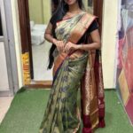 Olive Green Tissue Silk Saree with Maroon Zari Pallu