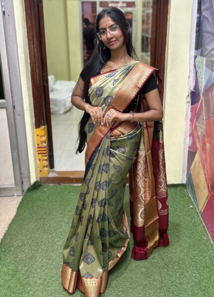 Olive Green Tissue Silk Saree with Maroon Zari Pallu