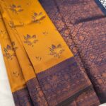 Beautiful Yellow and Purple Semi Soft Silk Saree with Floral Motifs and Elegant Border
