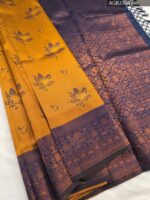 Beautiful Yellow and Purple Semi Soft Silk Saree with Floral Motifs and Elegant Border
