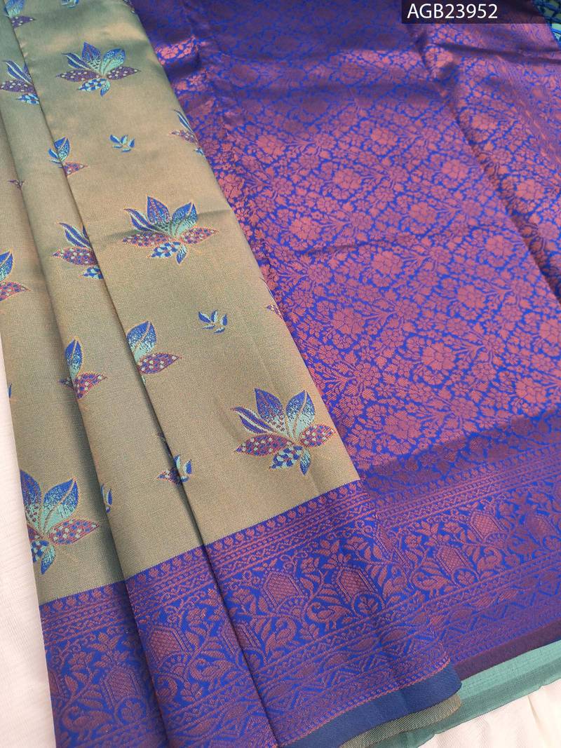 AGB23952_1-1.jpg Elegant Blue and Green Fancy Saree with Beautiful Floral Motifs and Rich Border Design - Image 1