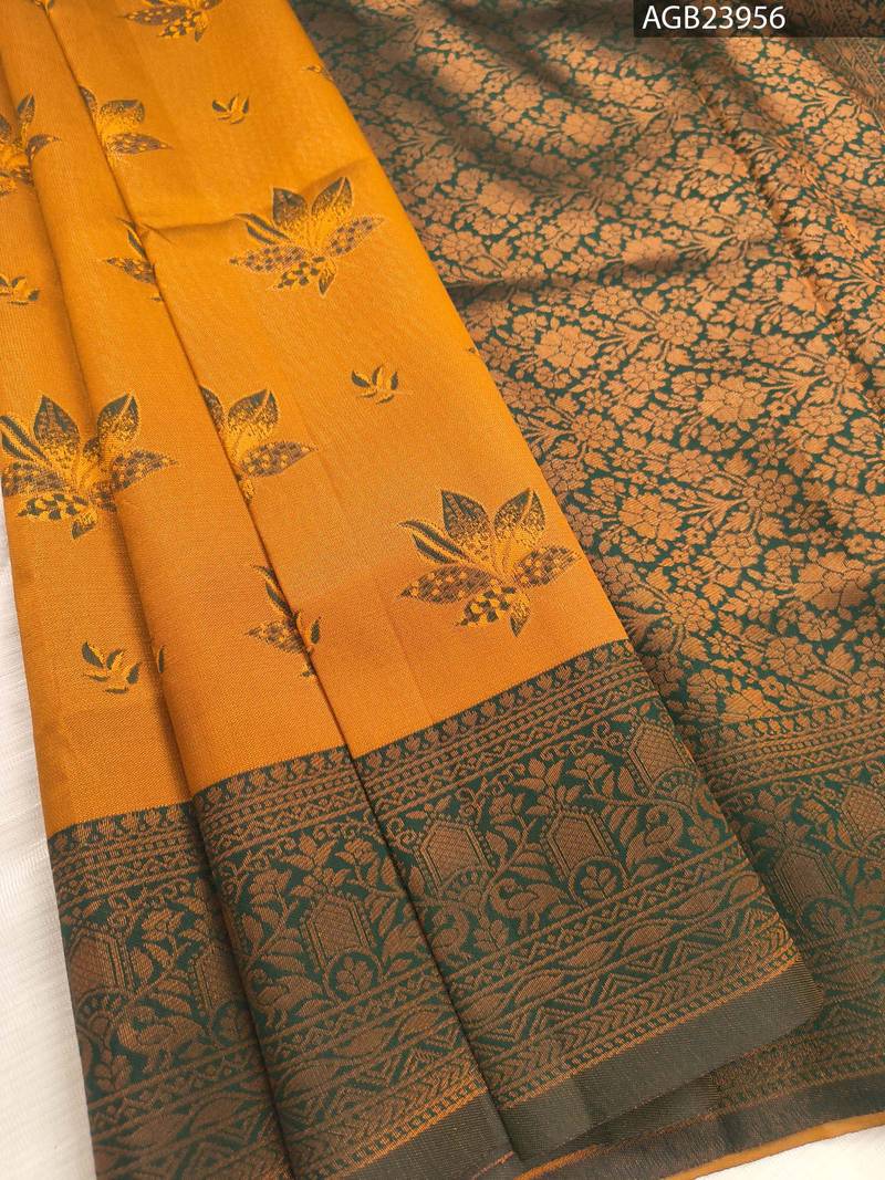 AGB23956_1-1.jpg Golden Yellow Fancy Saree with Green Border and Intricate Motifs - Image 1