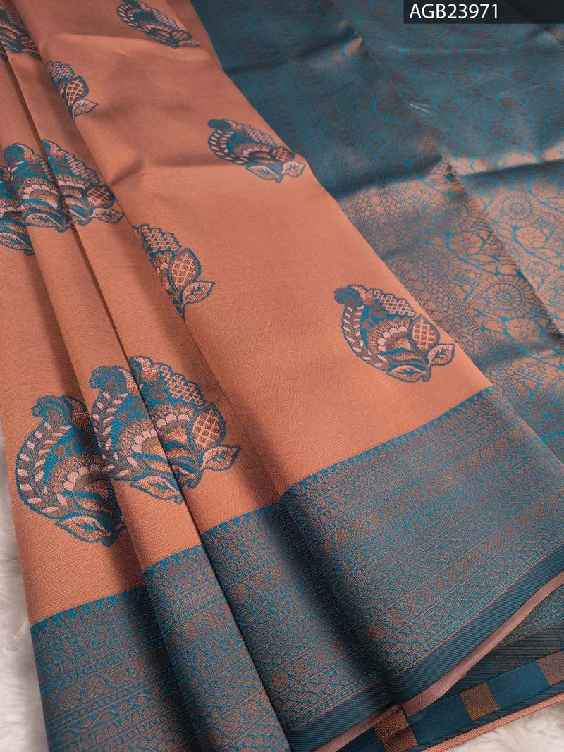 AGB23971_1-1.jpg Peach and Blue Elegant Semi Soft Silk Fancy Saree with Beautiful Border and Pallu - Image 1