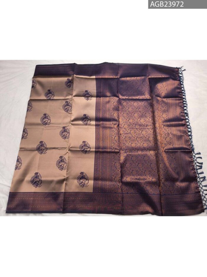Beige and Dark Blue Fancy Saree with Elegant Border and Intricate Motifs - Image 5
