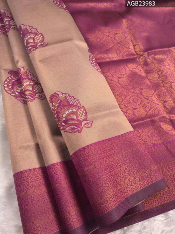 AGB23983_1-1.jpg Beautiful Beige and Purple Semi Soft Silk Fancy Saree with Elegant Border - Image 1
