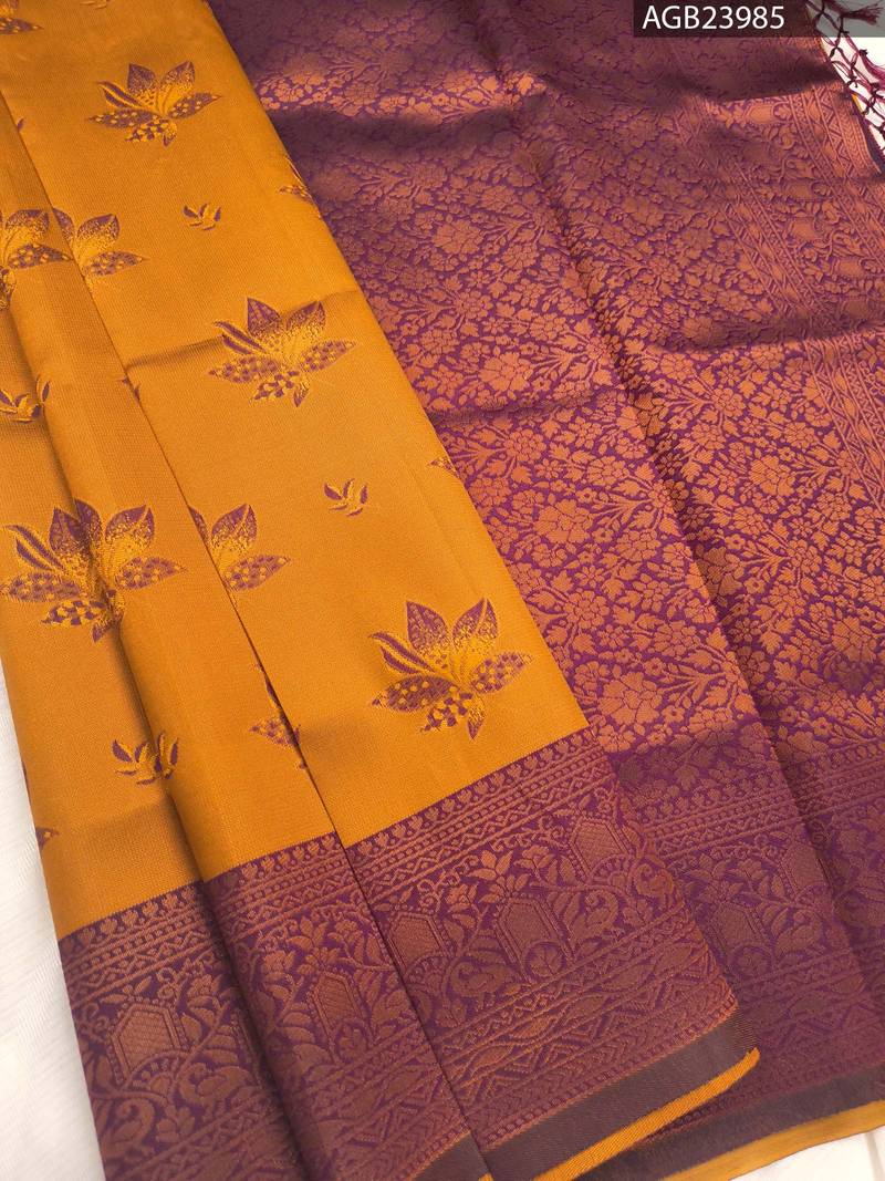 AGB23985_1-1.jpg Golden and Maroon Semi Soft Silk Fancy Saree with Floral Motifs and Intricate Border - Image 1