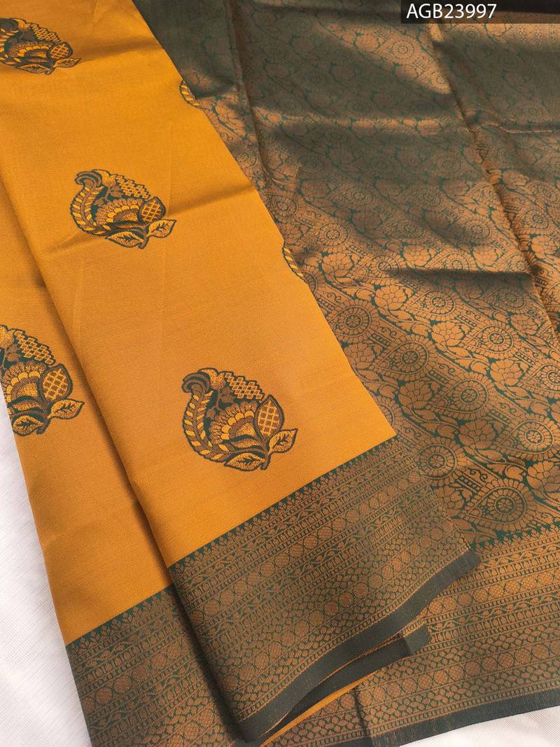 AGB23997_1-1.jpg Golden and Green Semi Soft Silk Fancy Saree with Traditional Motifs and Elegant Border - Image 1