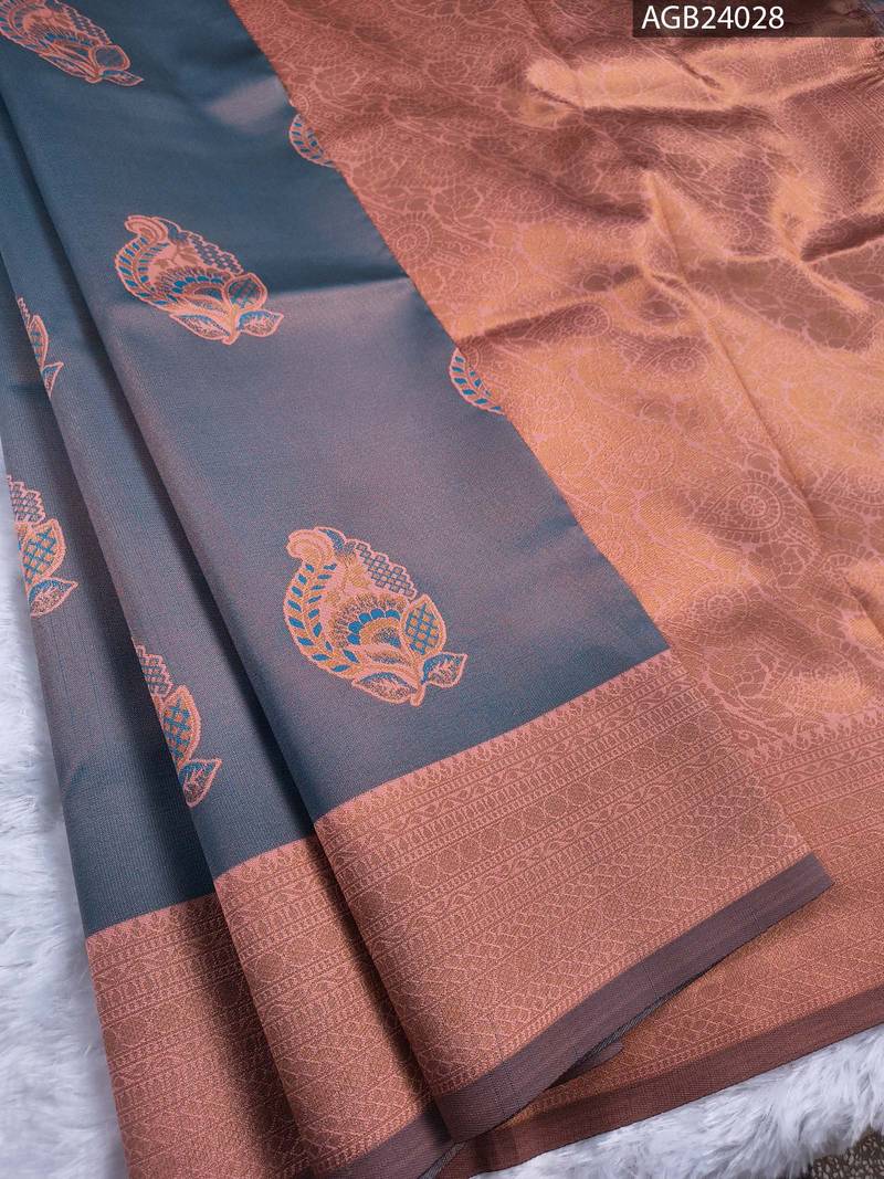 AGB24028_1-1.jpg Elegant Navy Blue and Brown Floral Design Semi Soft Silk Fancy Saree - Image 1