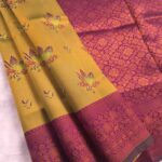 Yellow Floral Design Semi Soft Silk Fancy Saree with Purple Pallu and Border