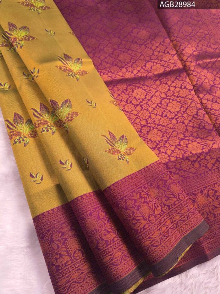 Yellow Floral Design Semi Soft Silk Fancy Saree with Purple Pallu and Border - Image 1