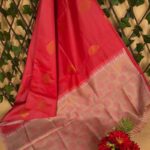 Vibrant Red Semi Soft Silk Saree with Intricate Golden Dot Motifs and Stylish Pallu