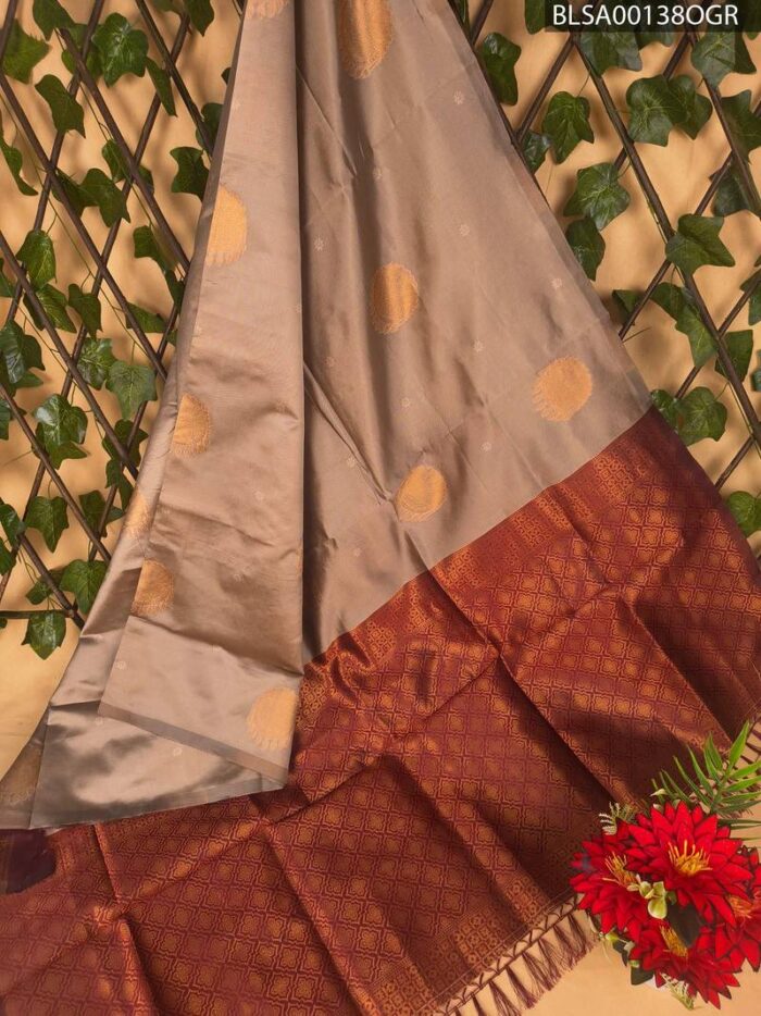 Brown Semi Soft Silk Saree with Golden Motifs and Maroon Border - Image 1