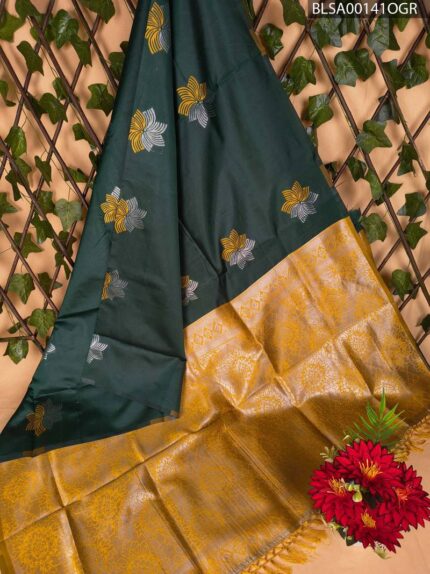 Elegant Dark Green and Yellow Floral Semi Soft Silk Saree