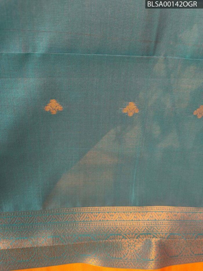 Vibrant Orange and Teal Semi Soft Silk Saree with Circular Motifs and Elegant Border - Image 2