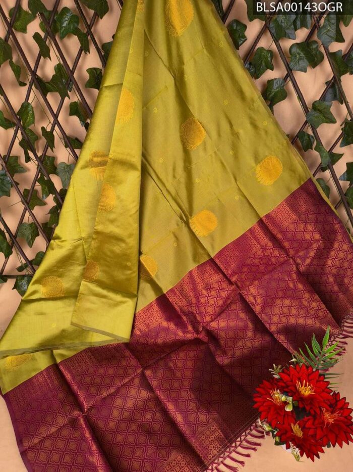 BLSA00143_MAIN_OGR-1.jpg Beautiful Olive Green and Maroon Semi Soft Silk Saree with Intricate Motifs and Classic Border - Image 1