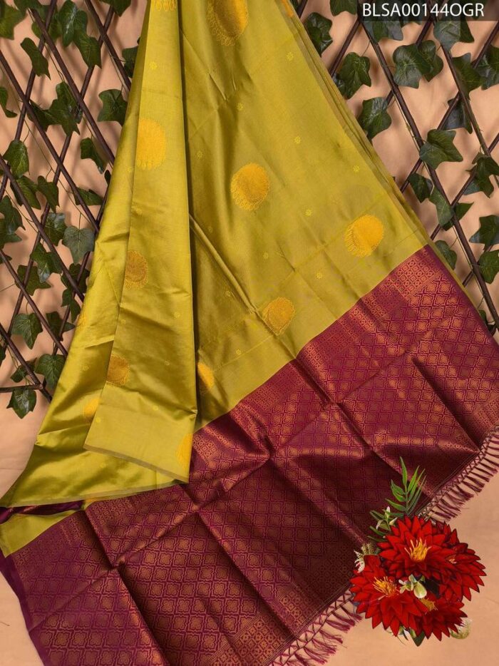 Bright Yellow and Maroon Semi Soft Silk Saree with Traditional Motifs - Image 1