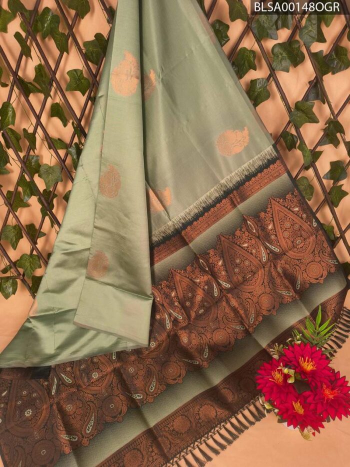 BLSA00148_MAIN_OGR-1.jpg Green and Brown Semi Soft Silk Saree with Floral Motifs and Designer Border - Image 1