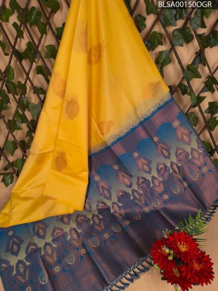 Bright Yellow and Blue Semi Soft Silk Saree with Intricate Motifs and Decorative Pallu